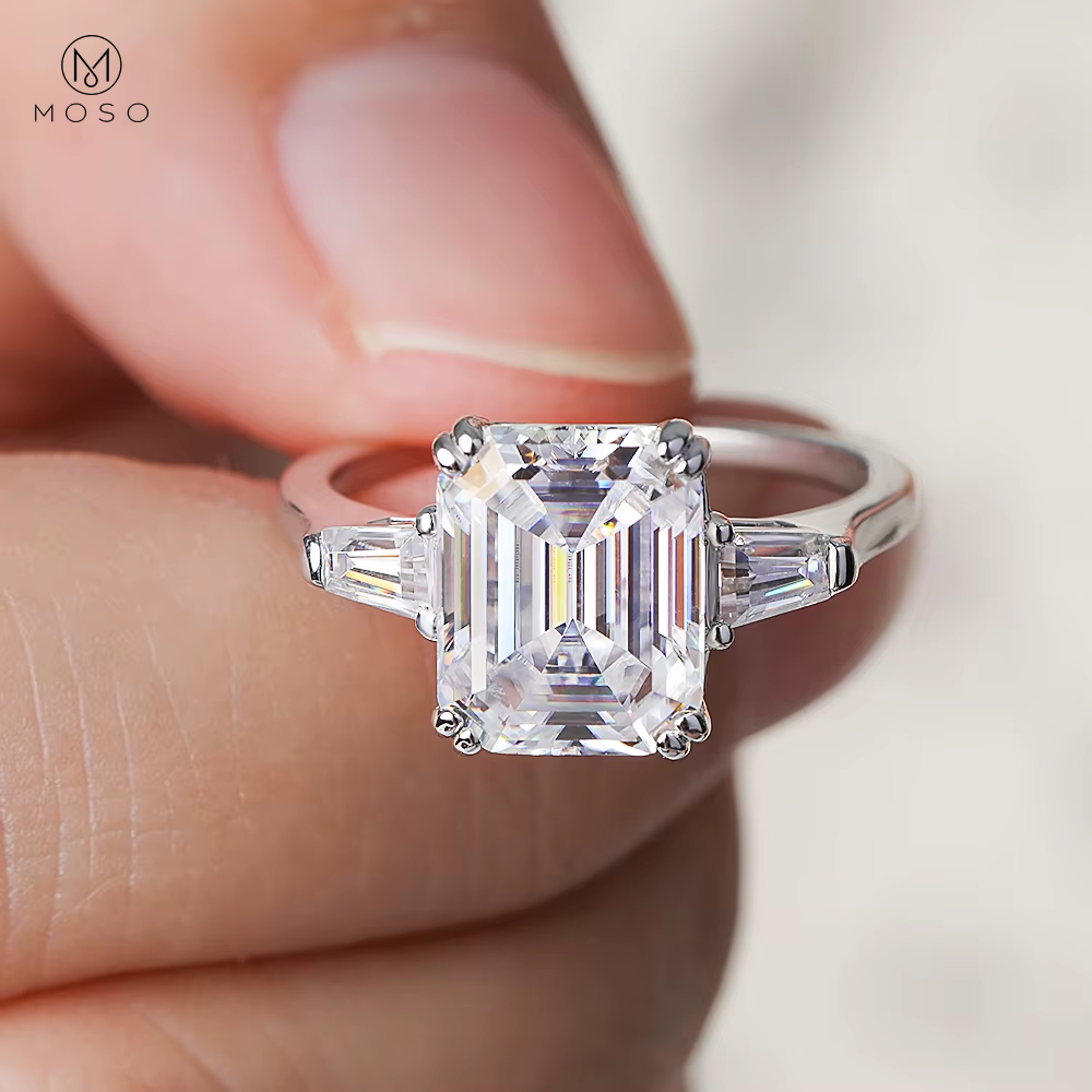 Emerald-Cut Moissanite Three-Stone Ring in Sterling Silver — product view 9