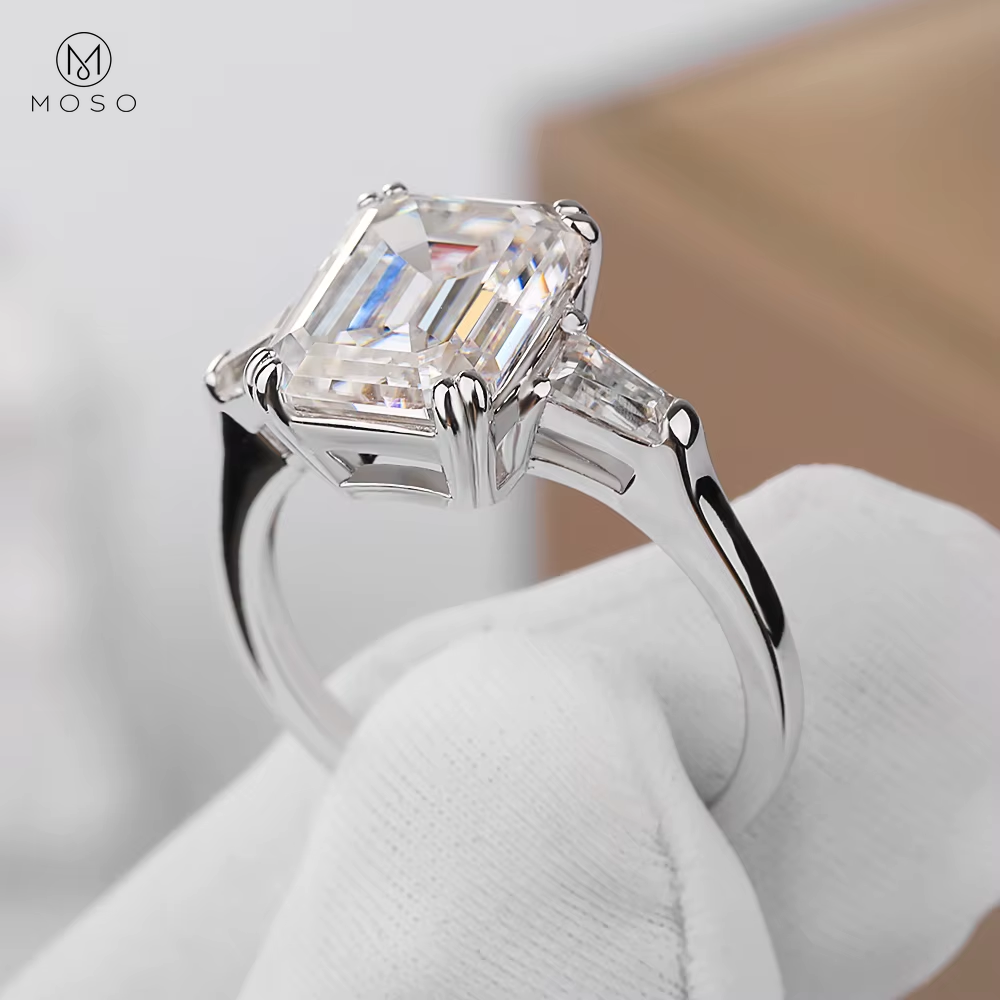 Emerald-Cut Moissanite Three-Stone Ring in Sterling Silver — product view 10