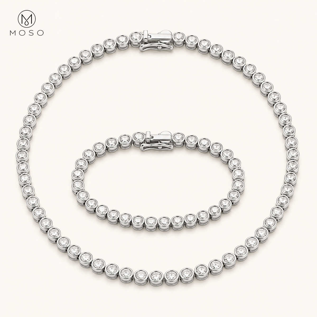 Naomi moissanite bezel tennis necklace and bracelet on ivory