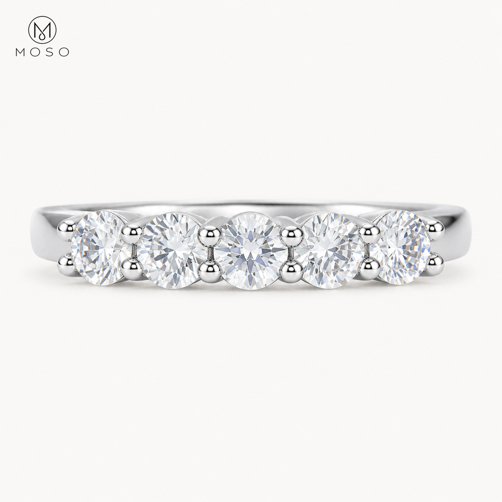 Natalie five stone round moissanite wedding band on white background