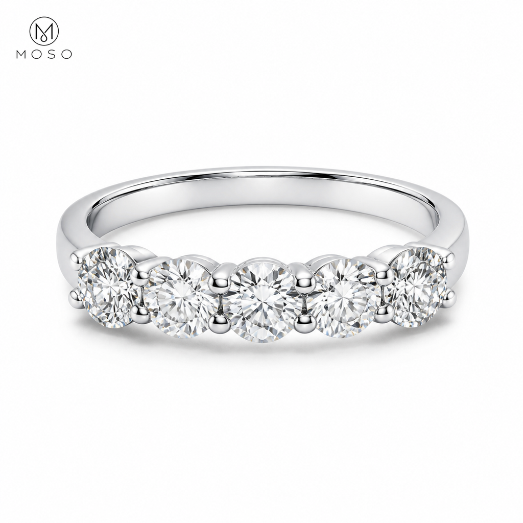 Natalie round moissanite five stone wedding ring front view
