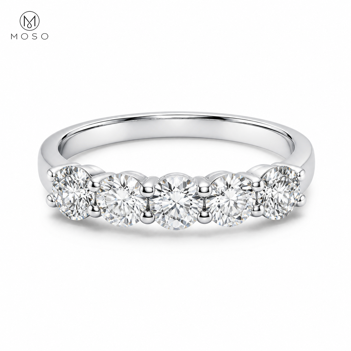 Natalie round moissanite five stone wedding ring front view