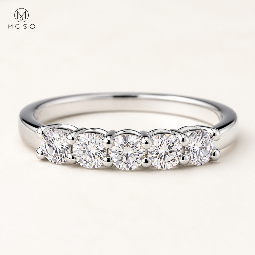 Natalie five stone moissanite ring three quarter view
