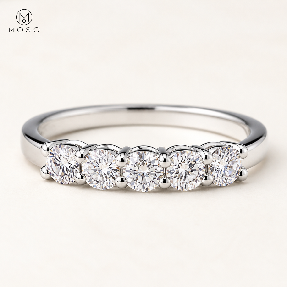 Natalie five stone moissanite ring three quarter view