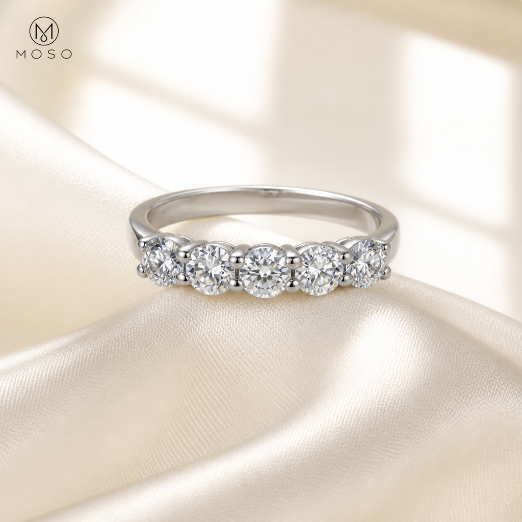 Natalie five stone moissanite ring on ivory silk