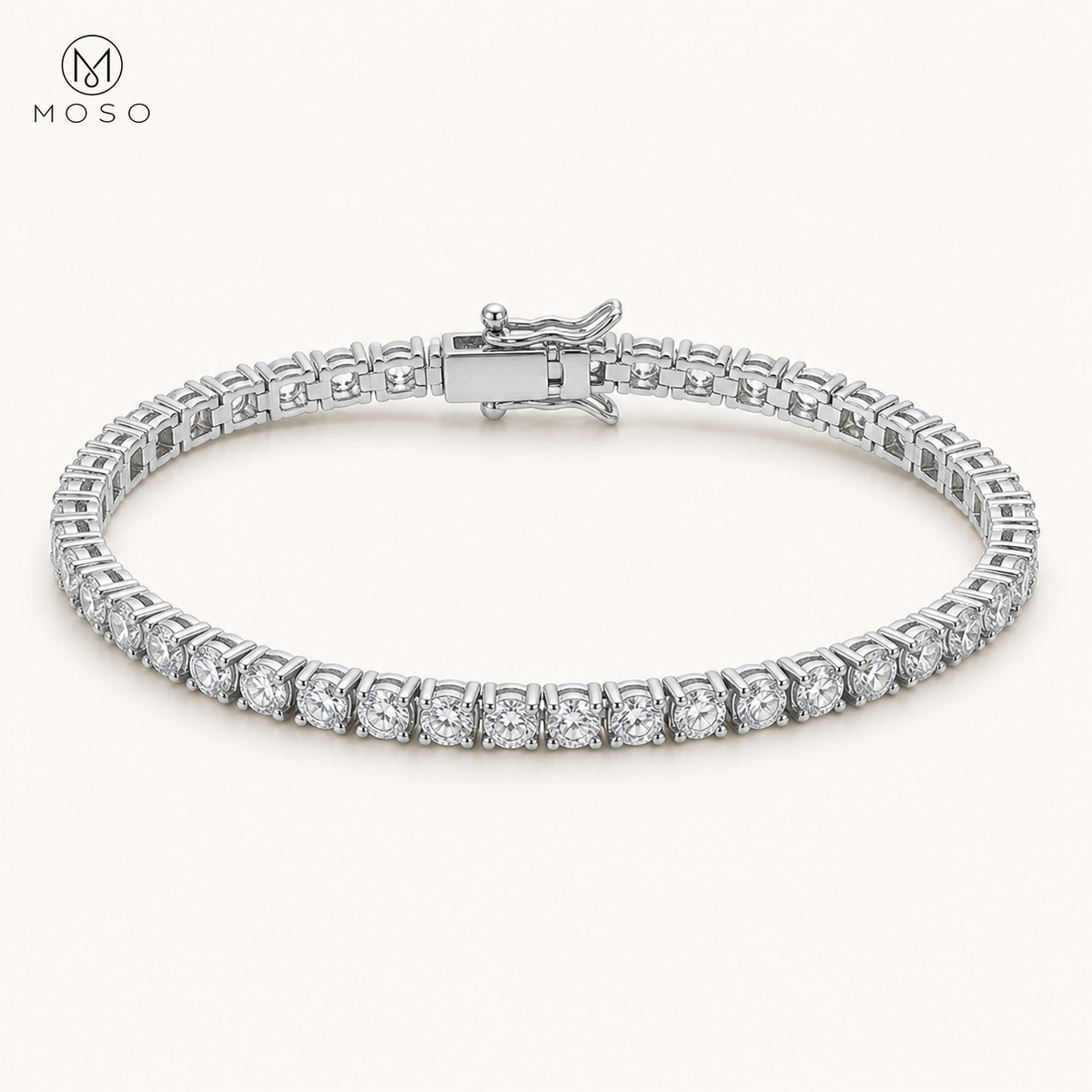 Nora moissanite tennis bracelet in silver tone on ivory background