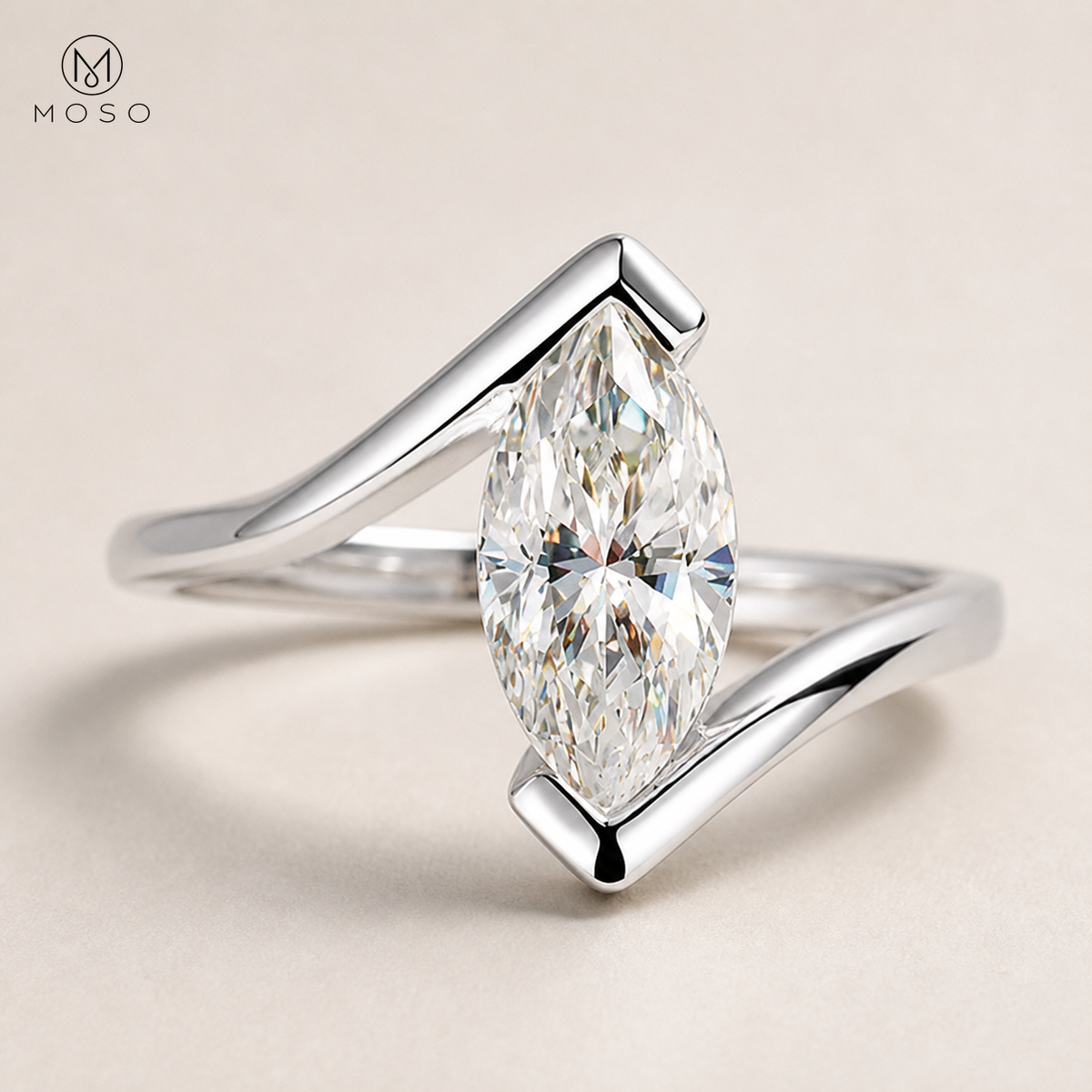 Olivia silver tone marquise moissanite bypass ring close up