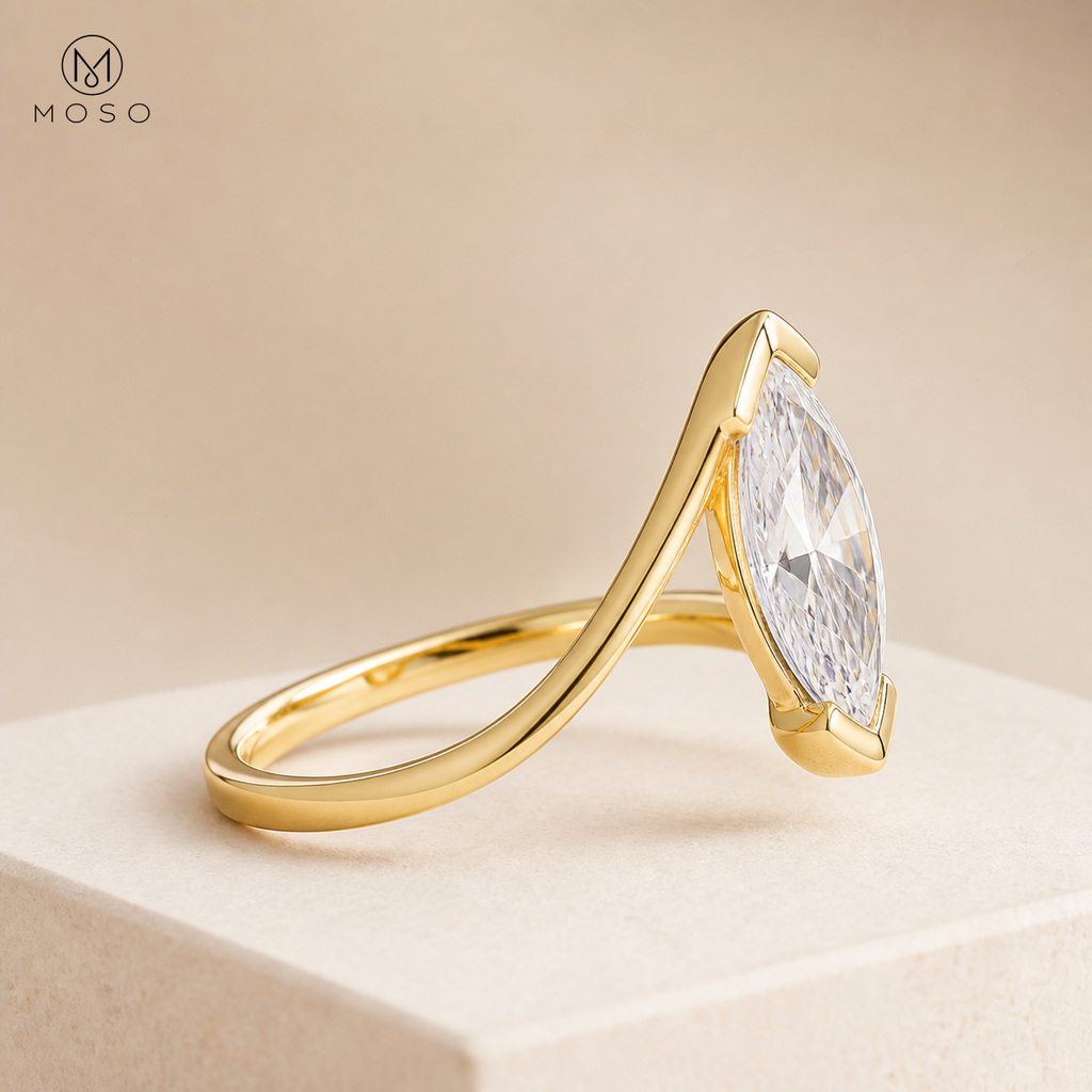 Olivia gold tone marquise moissanite ring side profile
