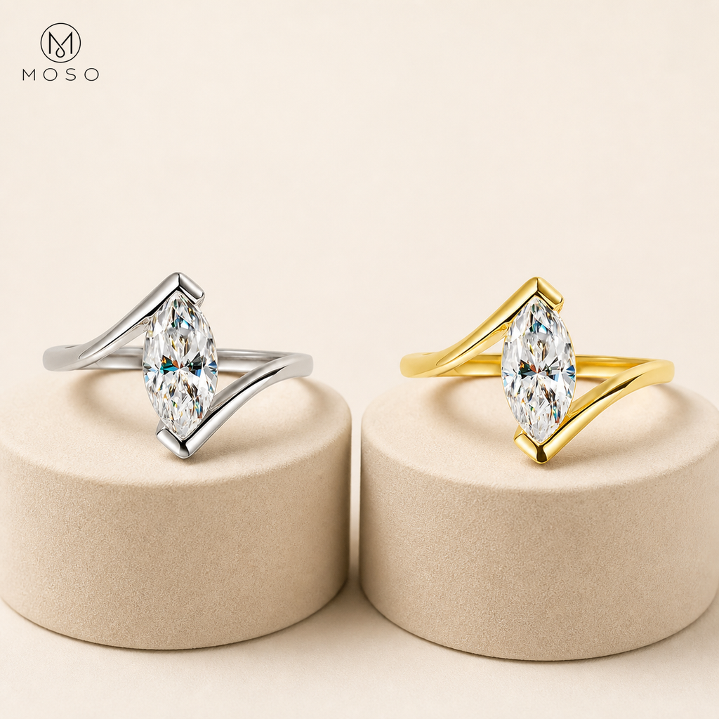 Olivia marquise moissanite ring in silver and gold tone finishes