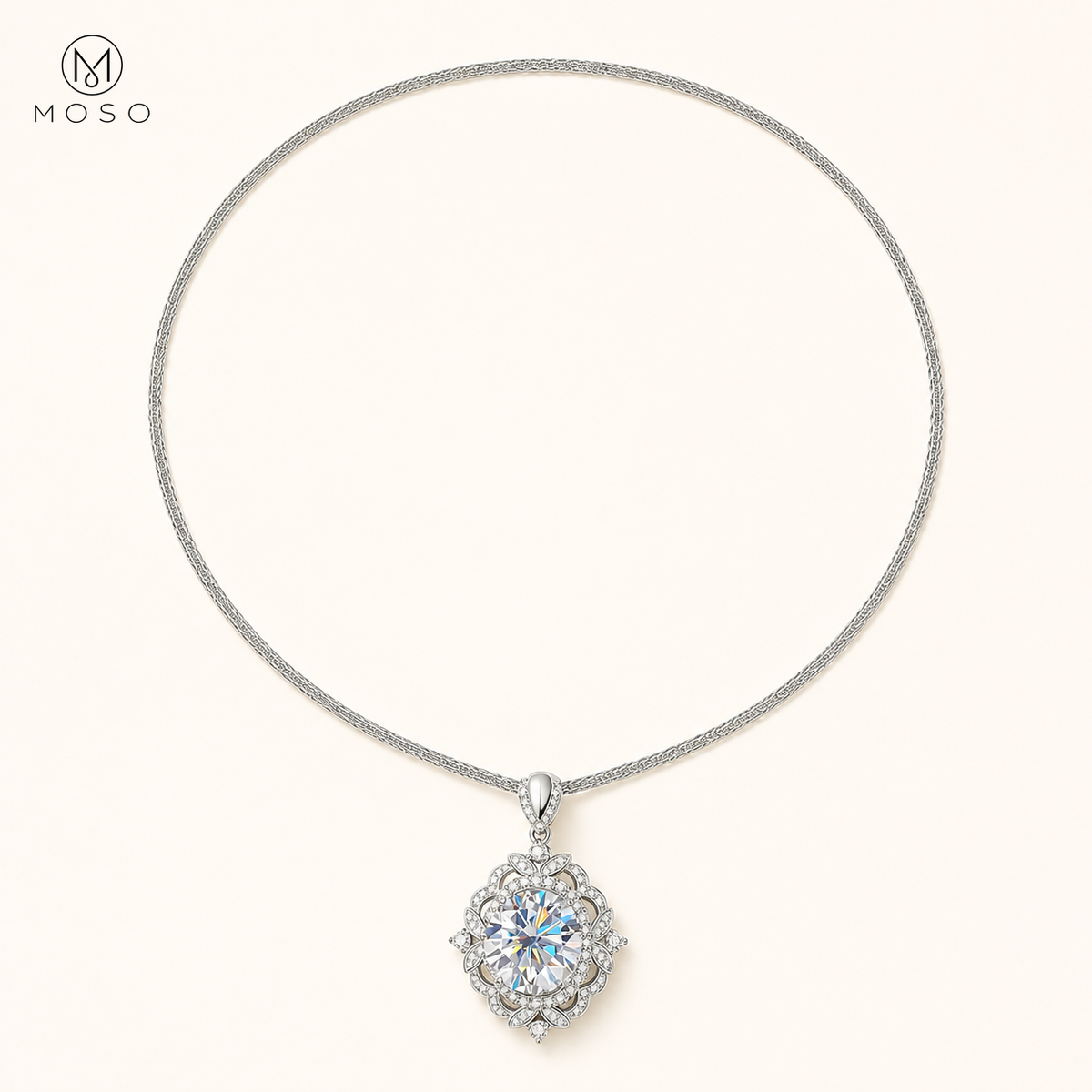 Paisley 5ct round moissanite floral halo necklace on ivory background