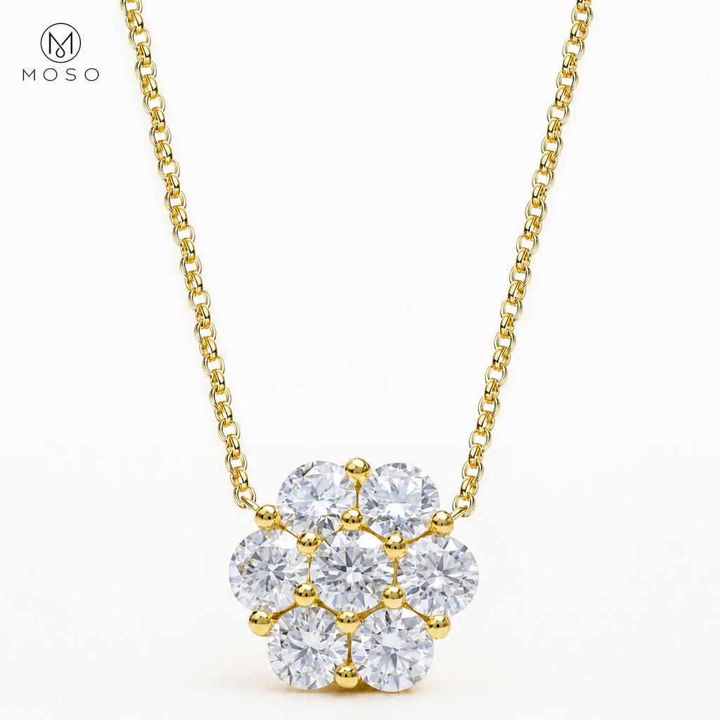 Penelope gold tone seven stone moissanite flower necklace
