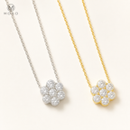 Penelope moissanite flower necklaces in silver and gold tone