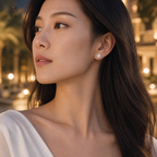 Woman wearing Penelope silver tone moissanite flower stud earrings