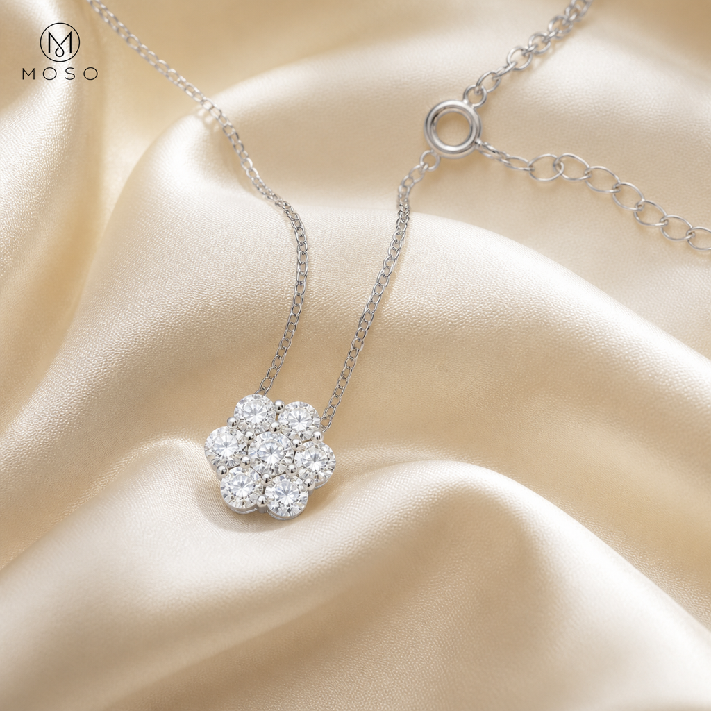 Penelope silver tone moissanite flower necklace on ivory silk