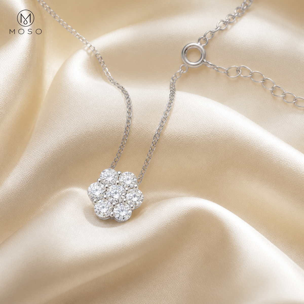 Penelope silver tone moissanite flower necklace on ivory silk