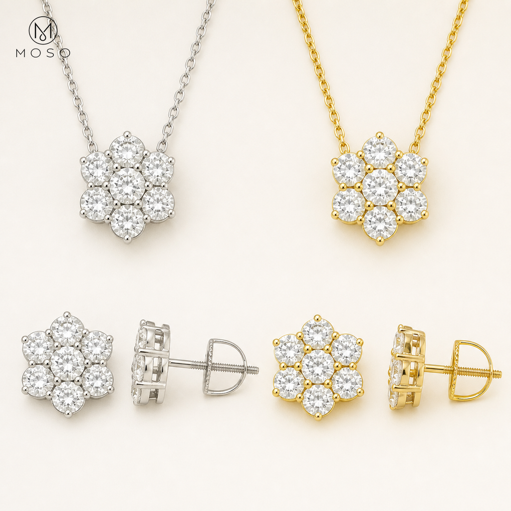 Penelope necklace and stud earring choices in silver and gold tone