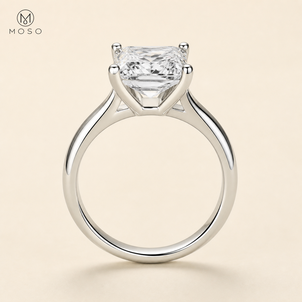 Riley princess cut moissanite four prong side profile