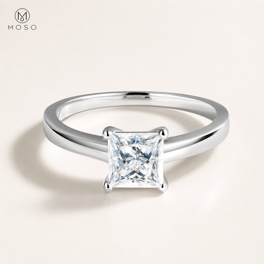 Riley silver princess cut solitaire ring three quarter view