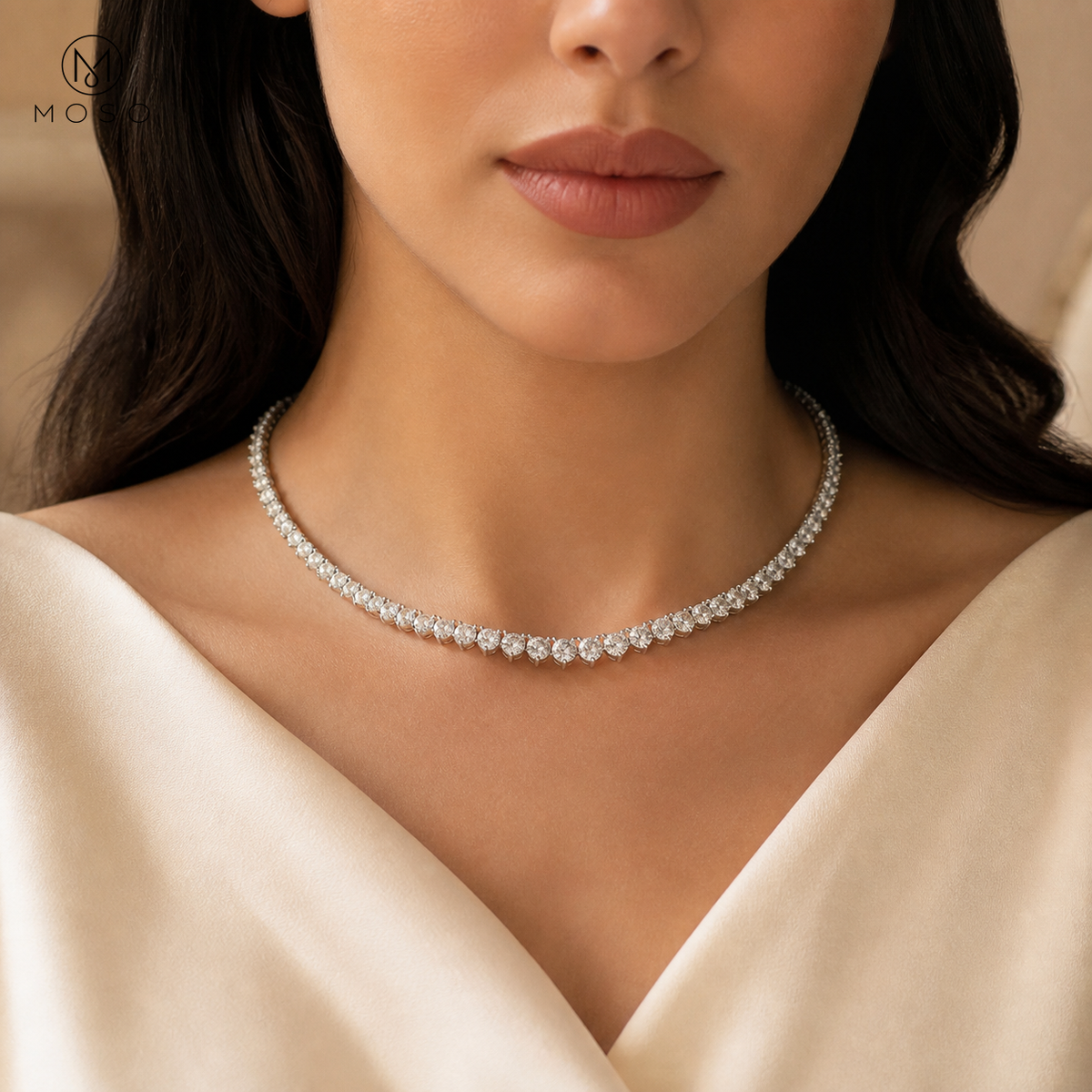 Sadie 15 inch graduated moissanite tennis necklace worn