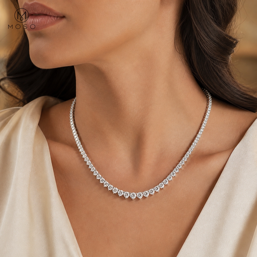 Sadie 18 inch graduated moissanite tennis necklace worn