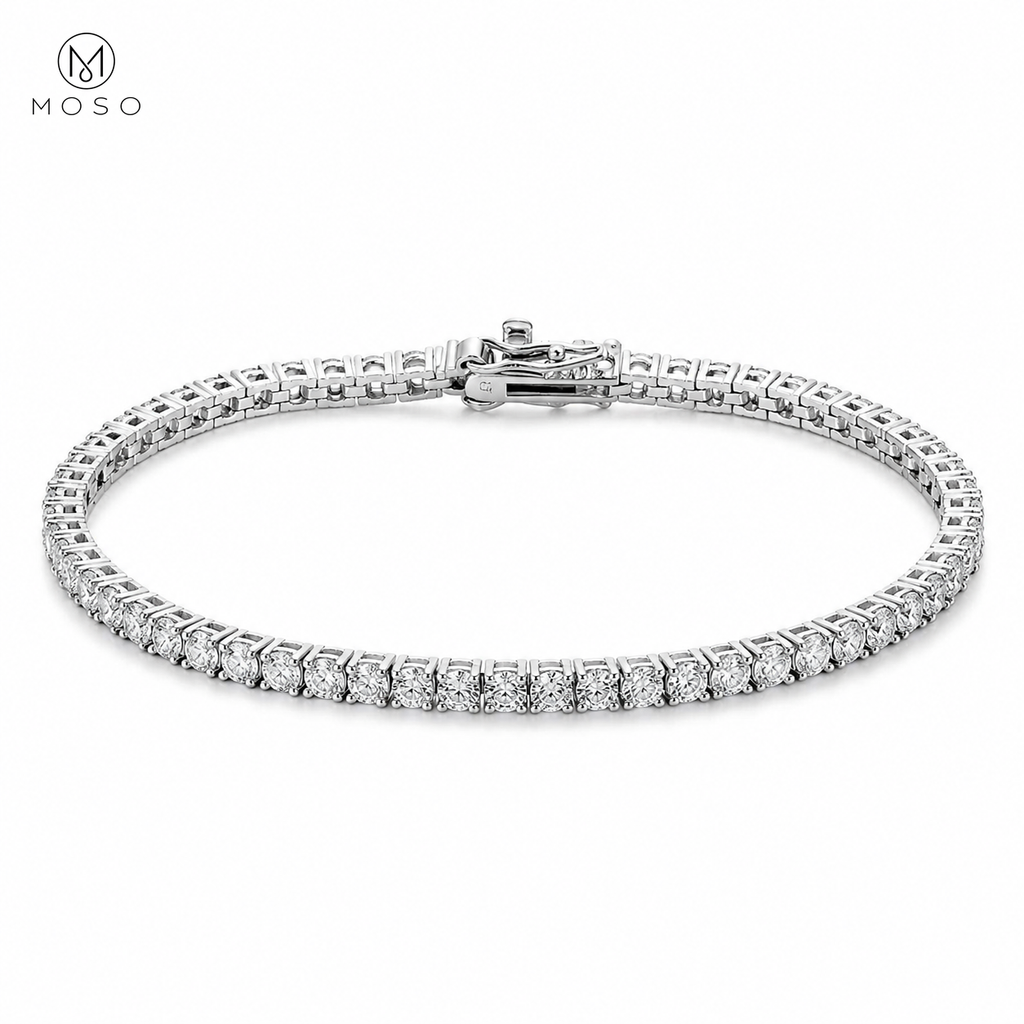 Samantha 4mm silver tone moissanite tennis bracelet on white background