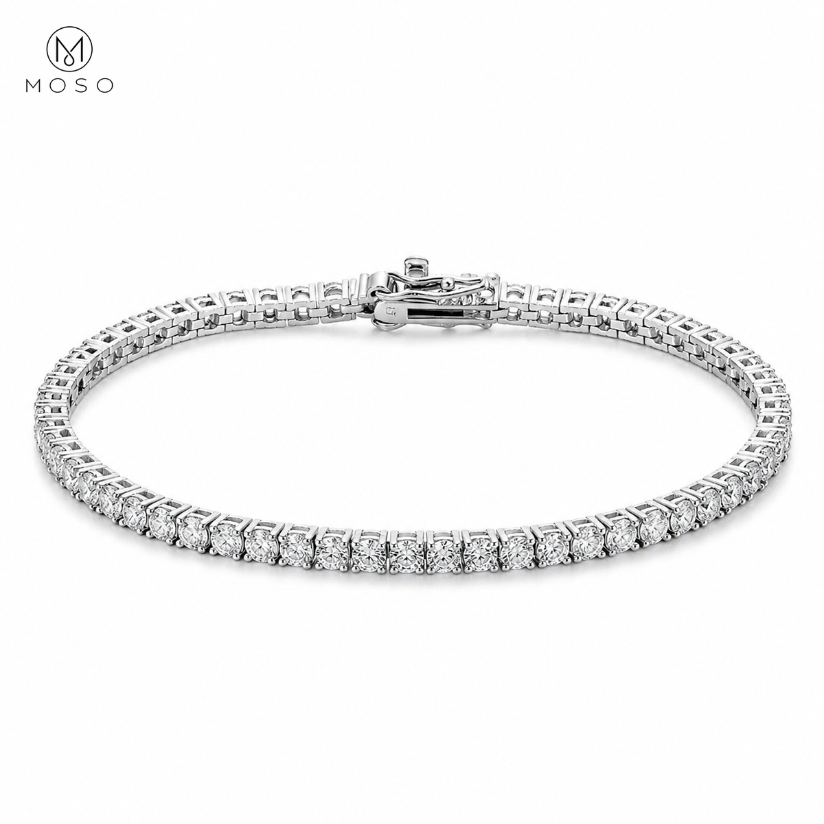 Samantha 4mm silver tone moissanite tennis bracelet on white background