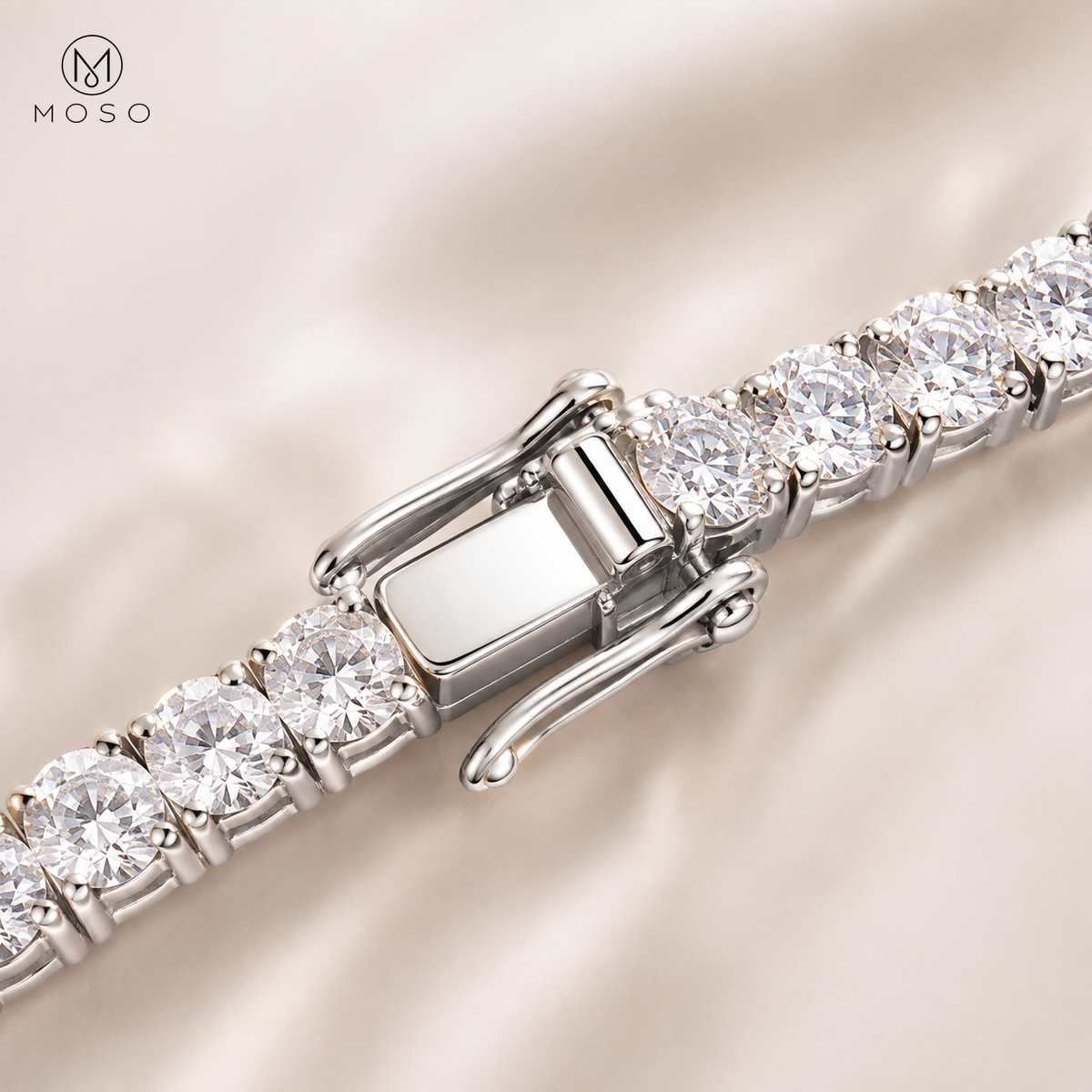 Samantha moissanite tennis bracelet box clasp and safety latch close view