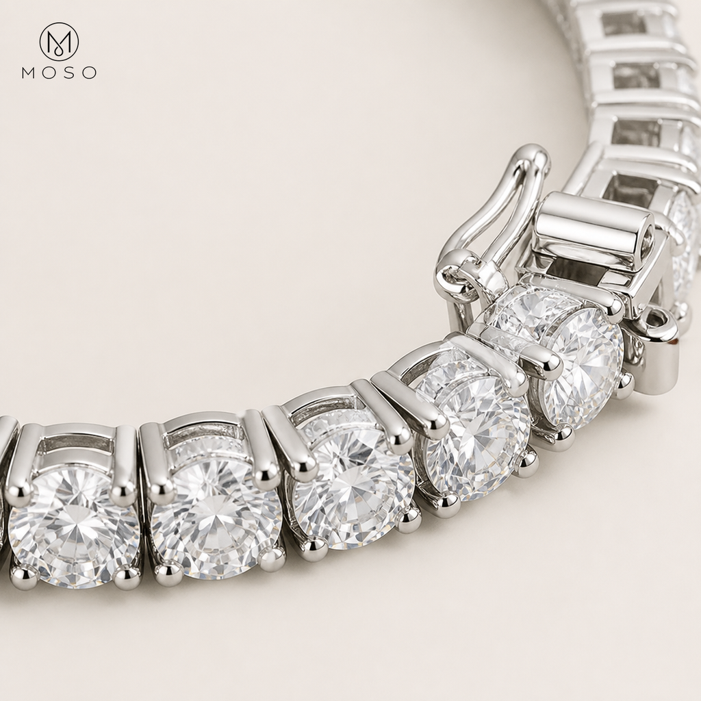 Close view of Samantha round moissanite stones in four prong bracelet links
