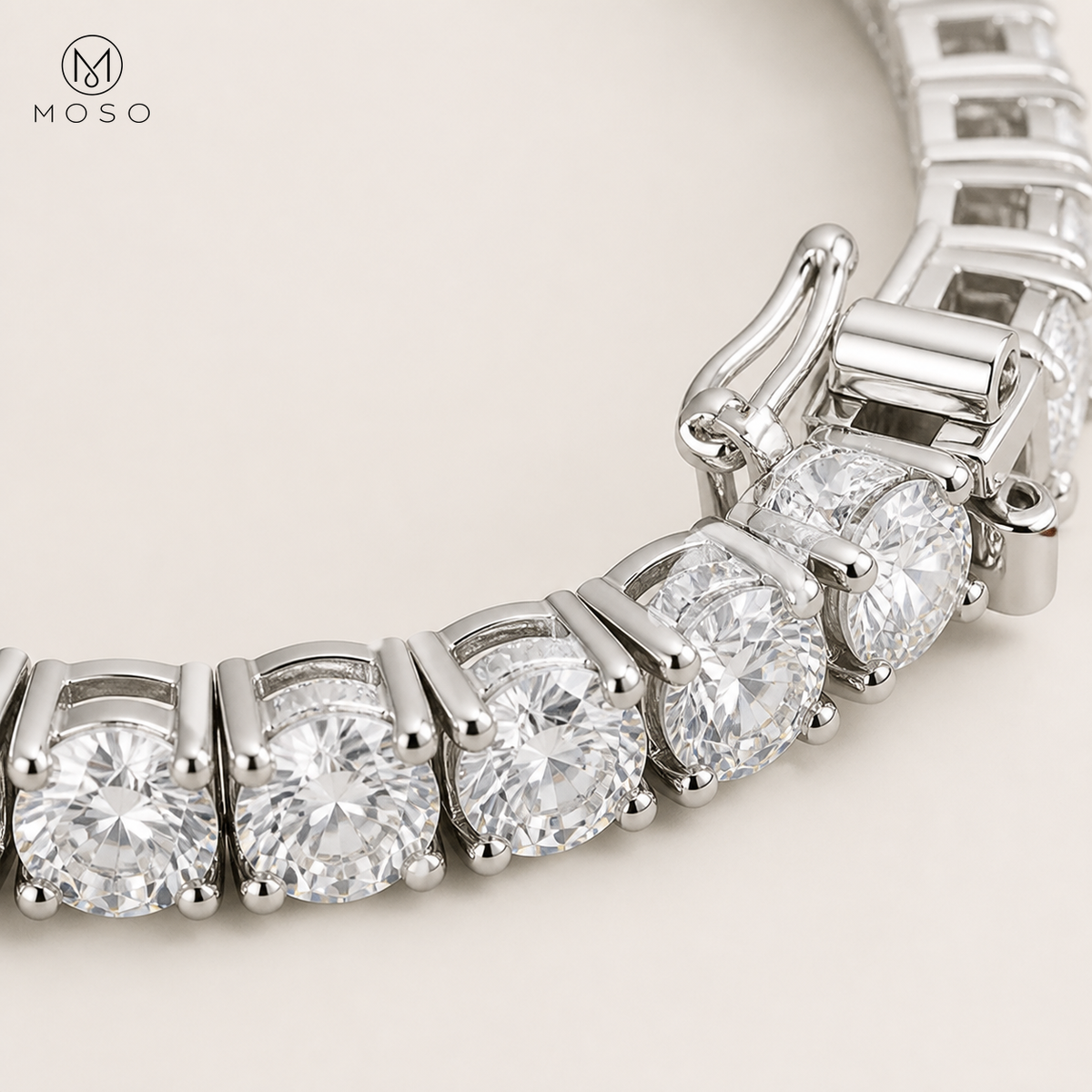Close view of Samantha round moissanite stones in four prong bracelet links