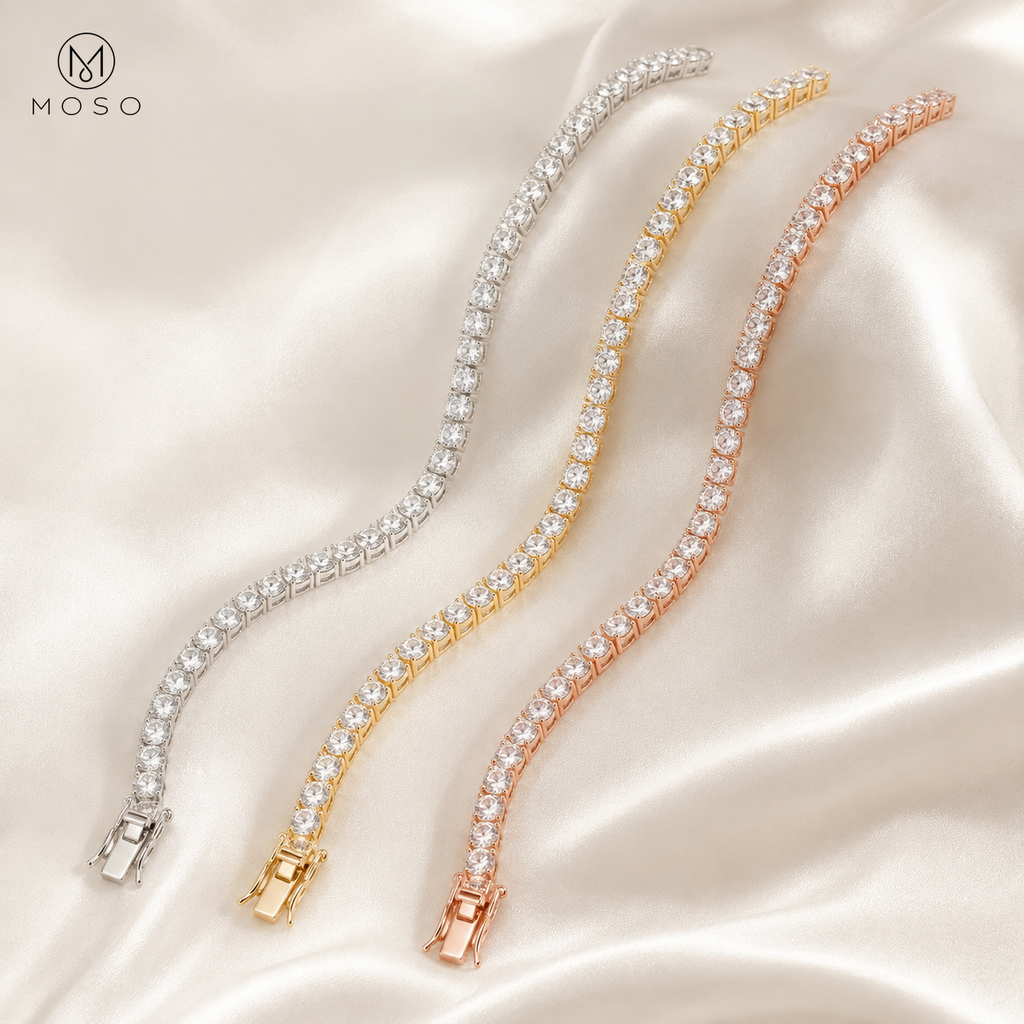 Samantha moissanite tennis bracelets in silver gold and rose gold tone finishes