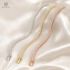 Samantha moissanite tennis bracelets in silver gold and rose gold tone finishes