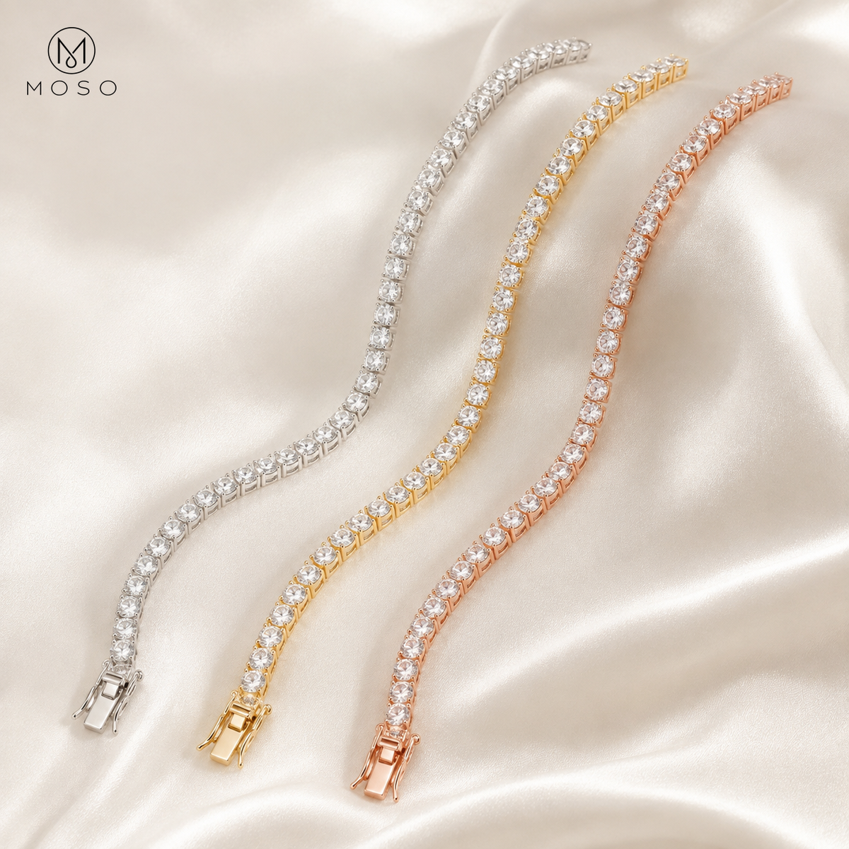 Samantha moissanite tennis bracelets in silver gold and rose gold tone finishes