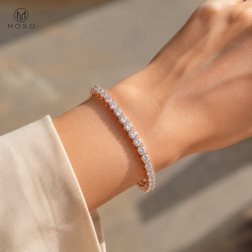 Samantha 4mm rose gold tone moissanite tennis bracelet worn on an adult wrist