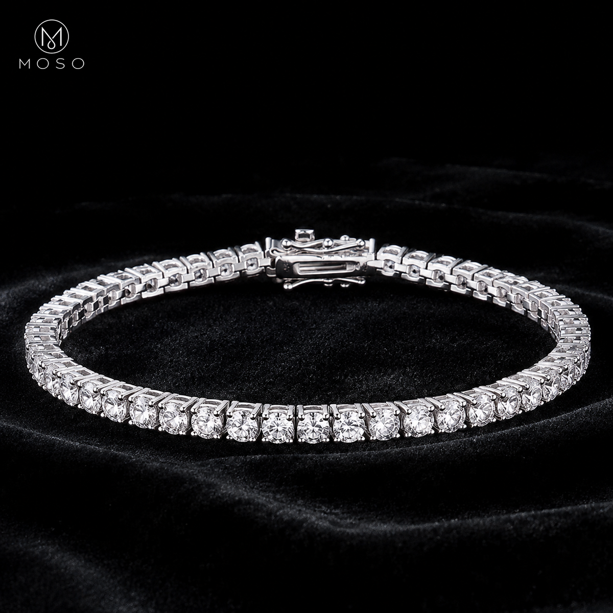 Samantha silver tone moissanite tennis bracelet on black velvet