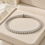 Samantha moissanite tennis bracelet in an ivory jewelry box