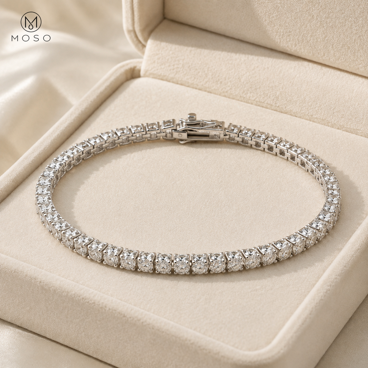 Samantha moissanite tennis bracelet in an ivory jewelry box