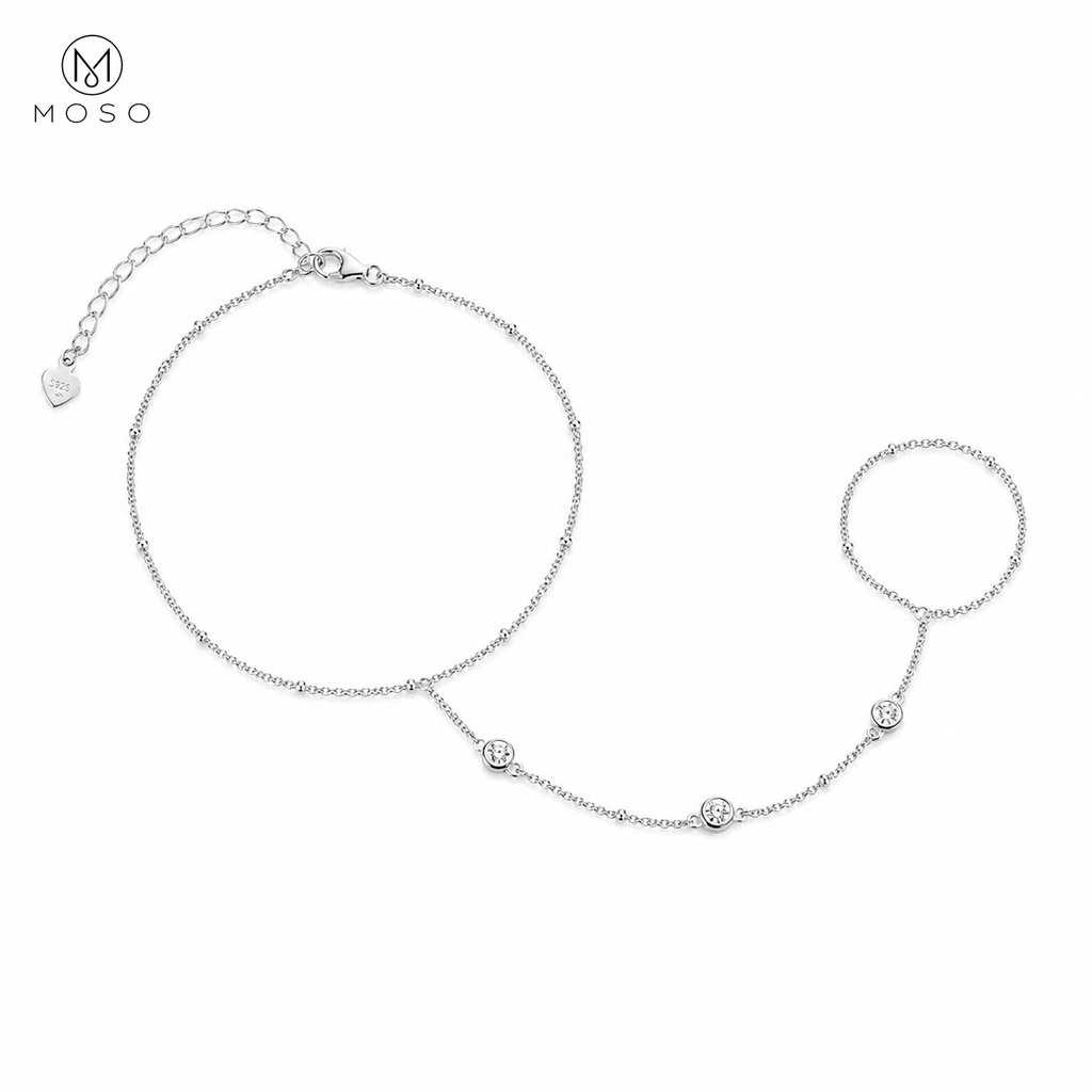 Savannah 3mm moissanite hand chain bracelet in silver tone on white background