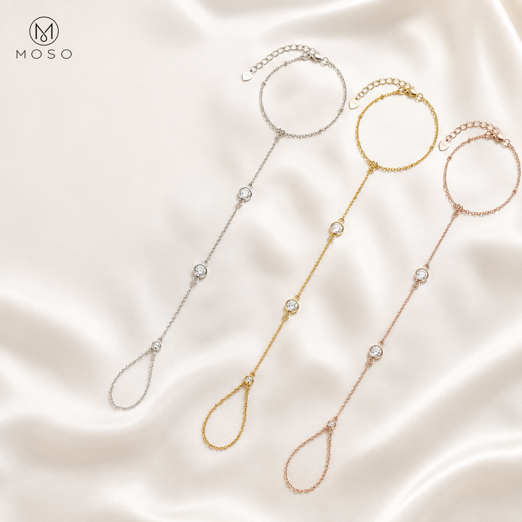 Savannah moissanite hand chain bracelet in silver gold and rose gold tone finishes