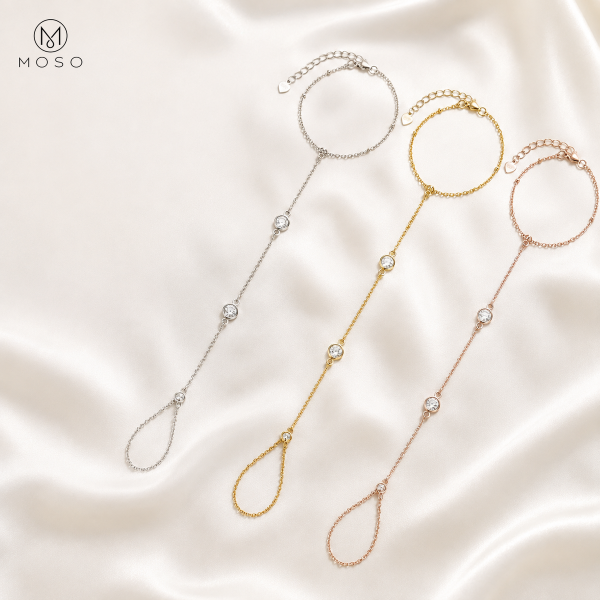 Savannah moissanite hand chain bracelet in silver gold and rose gold tone finishes