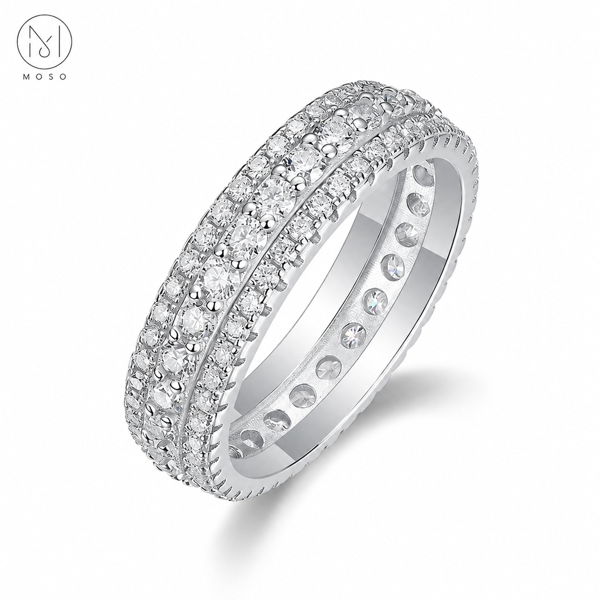 Scarlett three row round moissanite eternity ring in silver tone on white background
