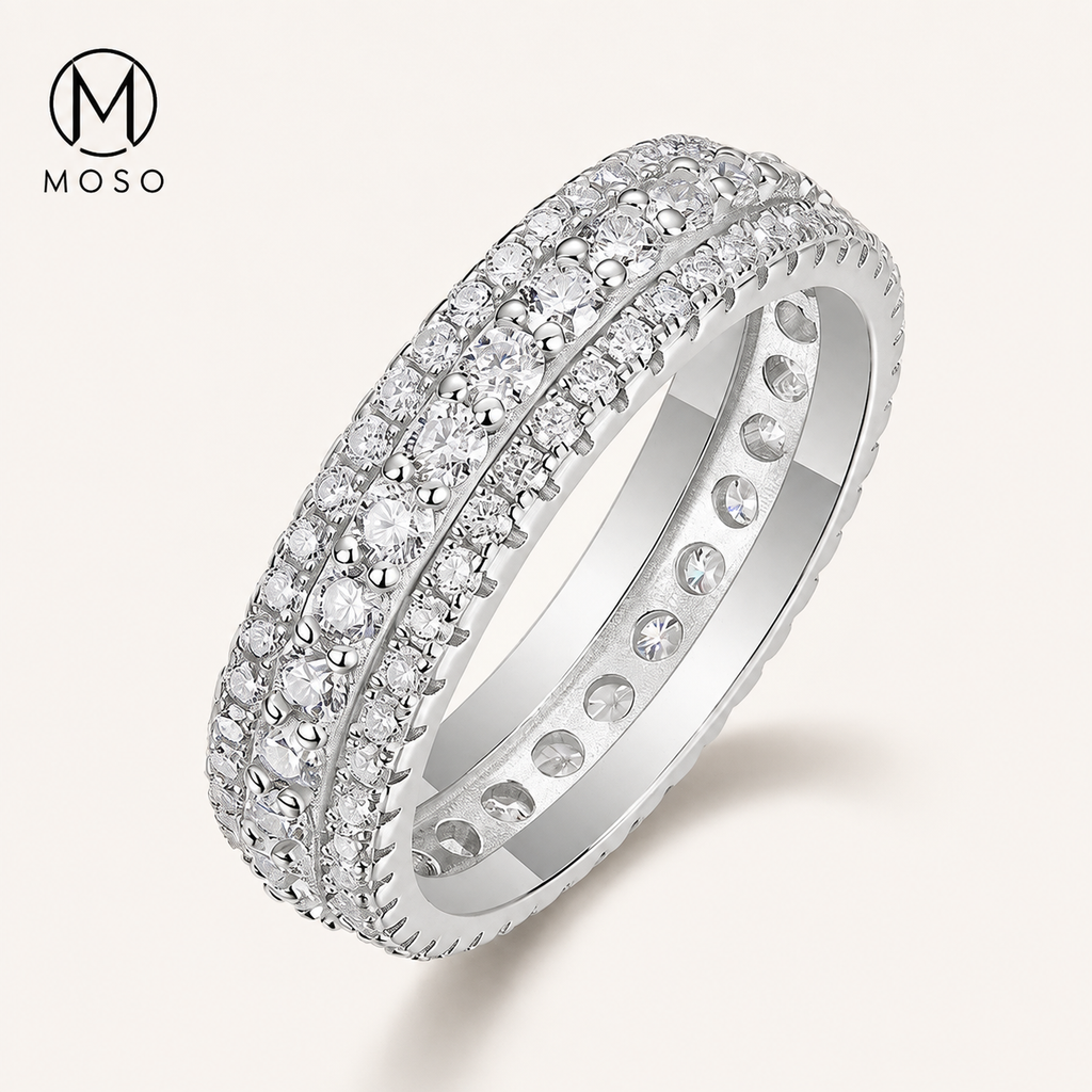 Scarlett silver tone three row moissanite eternity ring close view
