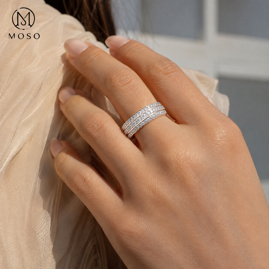 Scarlett silver tone moissanite eternity ring worn on hand