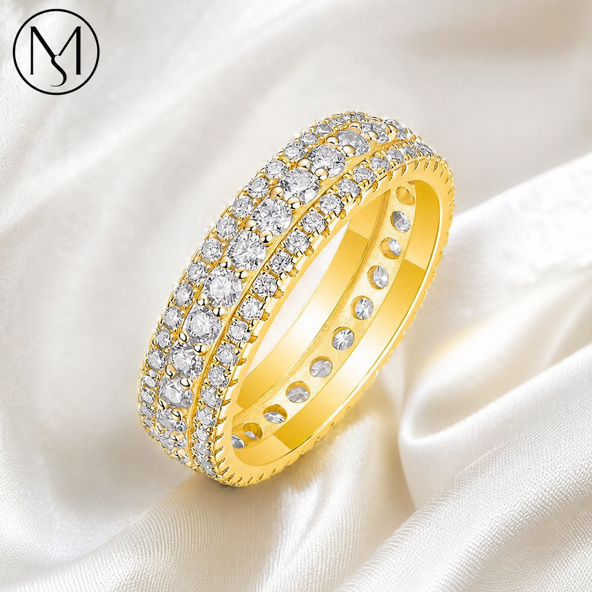 Scarlett yellow gold tone three row moissanite eternity ring close view