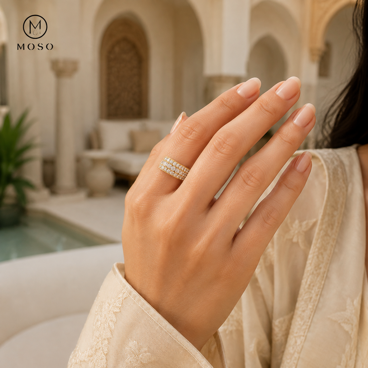 Scarlett yellow gold tone moissanite eternity ring worn on hand