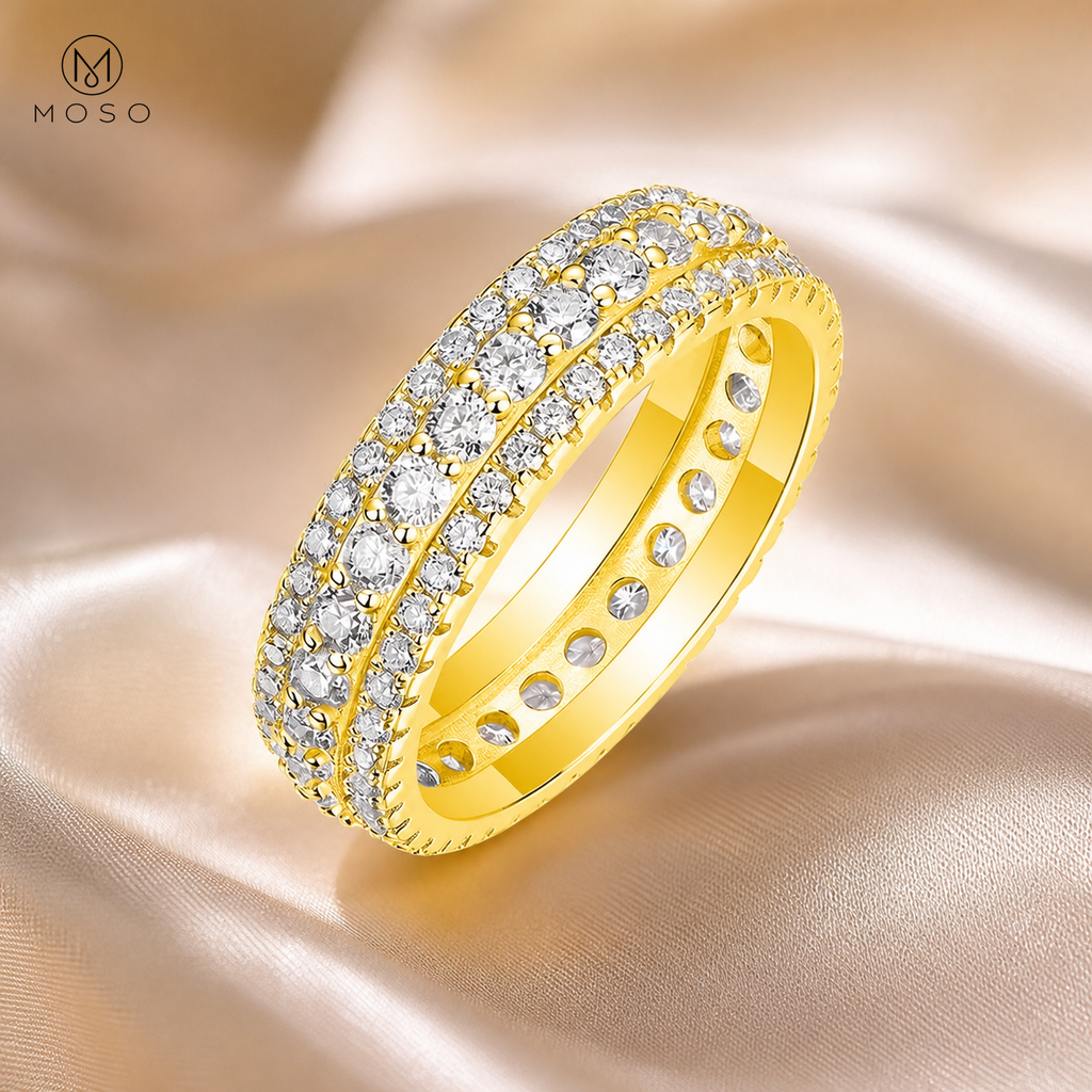 Scarlett round moissanite eternity ring in yellow gold tone
