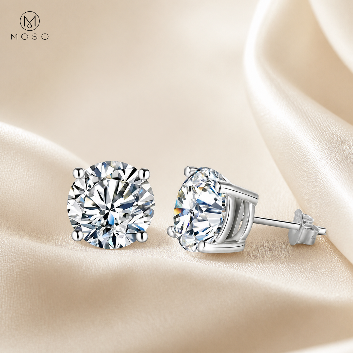 Sophia round moissanite stud earrings on ivory silk