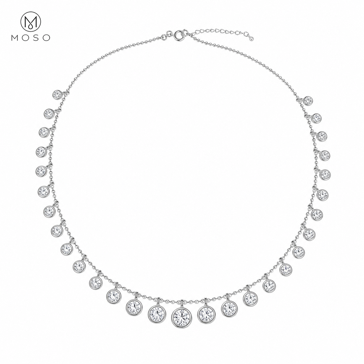 Stella moissanite bubble necklace in silver on a clean ivory background
