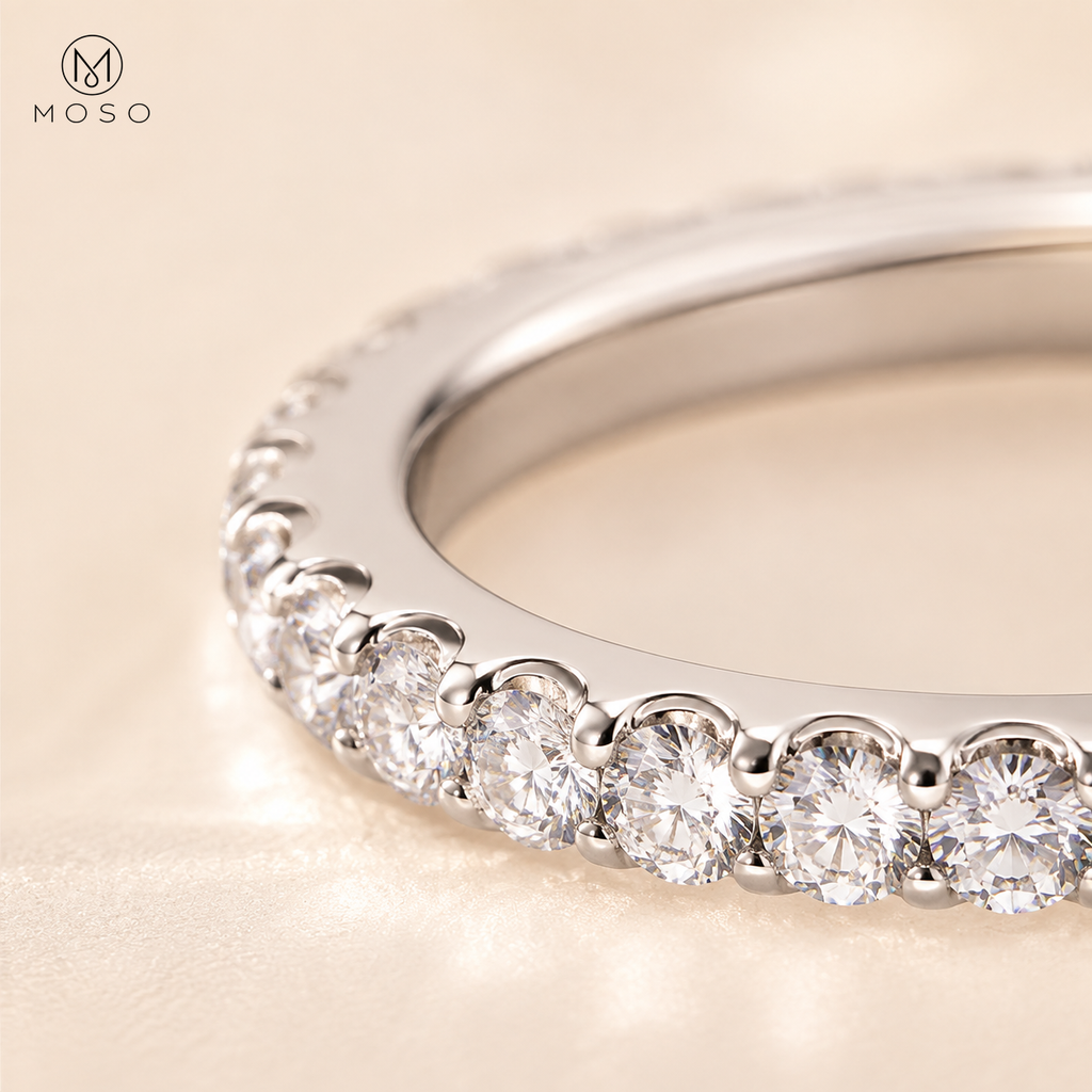 Taylor moissanite eternity ring shared prong setting detail
