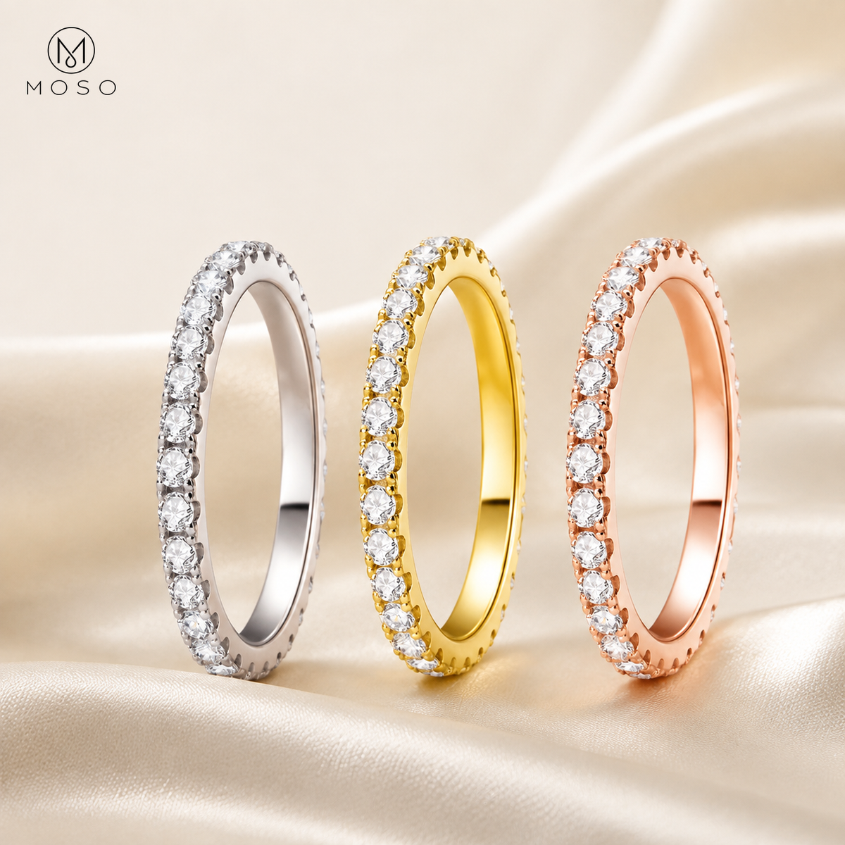 Taylor moissanite eternity rings in silver gold and rose gold tones
