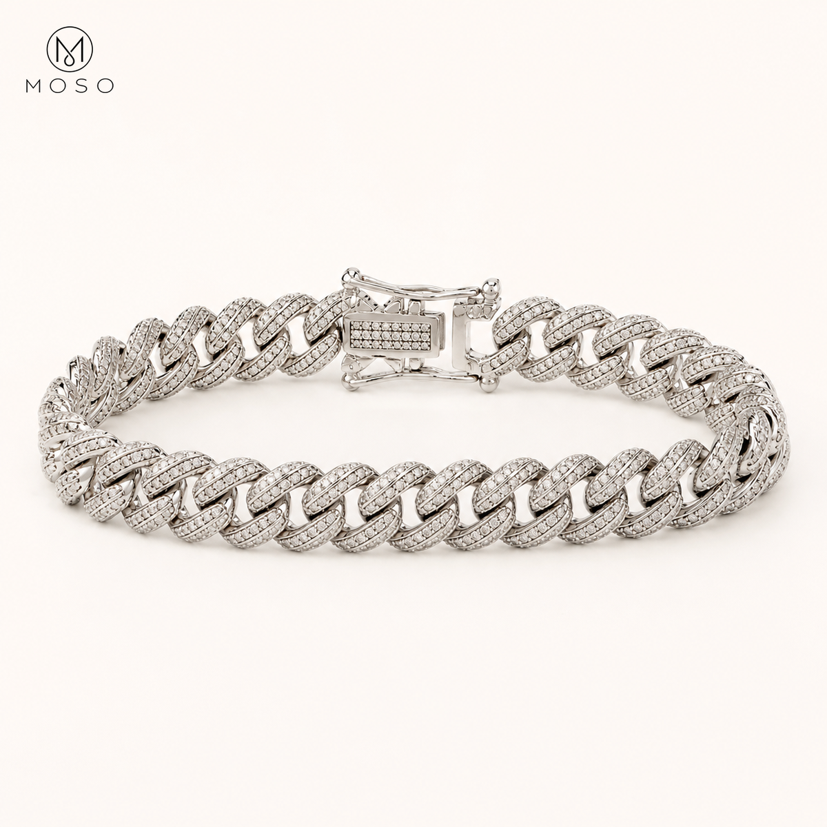 Victoria silver tone moissanite Cuban bracelet on ivory background